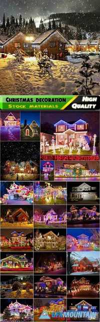 Home exteriors decorated Christmas lights for new year holidays