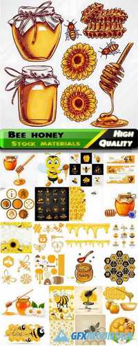 Bee honey in jars and honeycombs, labels, logotypes, emblems in vector from stock