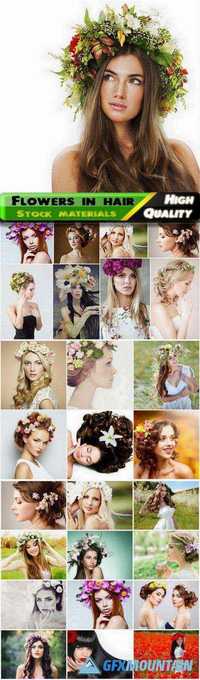 Beautiful girls with flowers in hair, woman with a wreath on his head, spring, Stock images