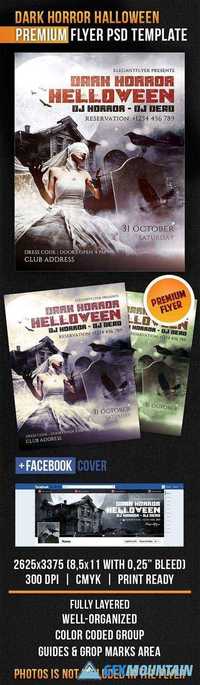 Dark Horror Halloween Flyer PSD Template + Facebook Cover