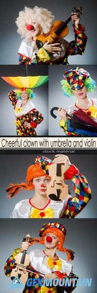 Cheerful clown with umbrella and violin