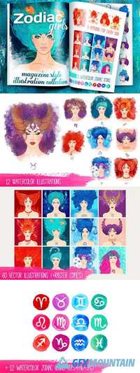 Zodiac Girls Illustrations +Icon Set