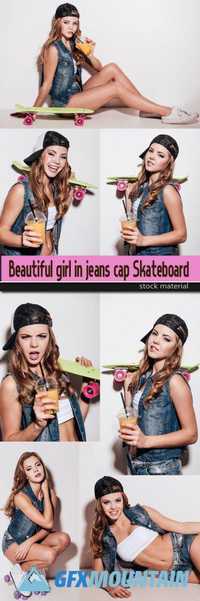 Beautiful girl in jeans cap Skateboard