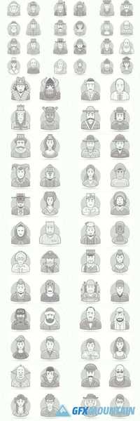 Set of Character, Avatar and Person Vector Illustrations. Flat Black and White Outlined Style