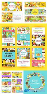 Happy Easter Flat Style Vector Templates Set