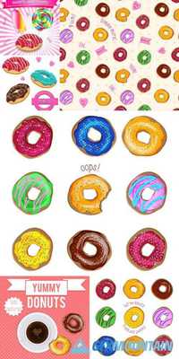 Donuts set. Collection of Tasty Donuts with Different Icings