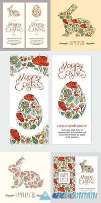 Happy Easter Cards Illustration with Easter Egg, Hand Lettering Headline on Decorative Floral Background