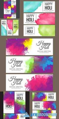 Card and Banner Set Happy Holi Beautiful Indian Festival Colorful Collection Design Vector