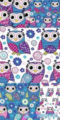 Vector Seamless Pattern with Owls and Flowers