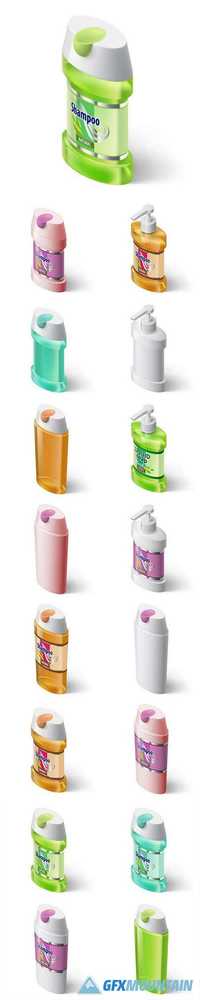 Packing Liquid Soap Dispenser and Shampoo Isometric Style