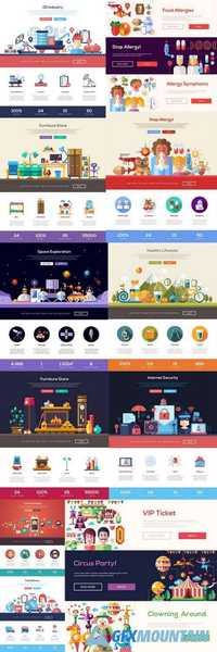One Page Website Template Layout with Flat Header, Banner, Icons and other Flat Design Web Elements