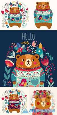 Vector Pattern with Adorable Bear, Flowers and Leaves