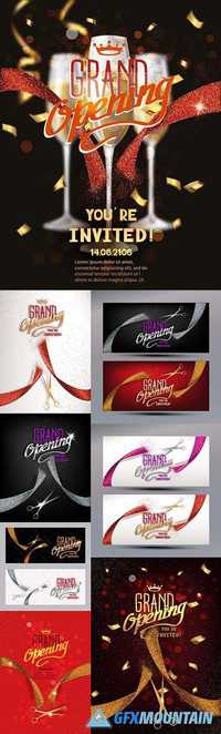 Grand Opening Banners with Abstract Ribbon and Scissors