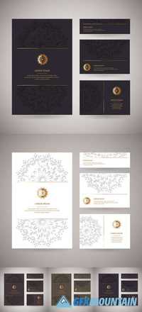 Set of Ornamental Gold Cards with Flower Oriental Mandala, Business Template