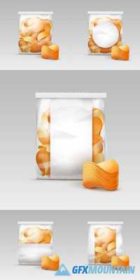 Vector White Vertical Sealed Transparent Plastic Bag for Package Design with Stack of Potato Crispy Chips Close up