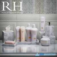 Set for Restoration Hardware bathroom with shampoos and plates
