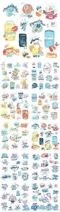 Hand drawn watercolor badges and stickers of summer seafood