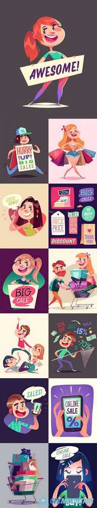 Shopping cartoon people