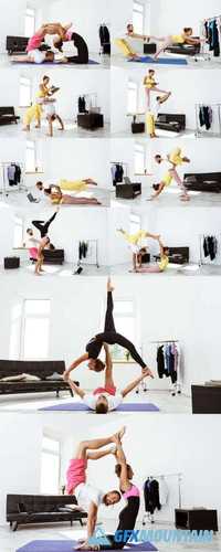 Young Beautiful Sportive Couple Training Partner Yoga