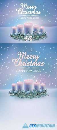 Christmas Decoration with Burning Candles on Magic Winter Background