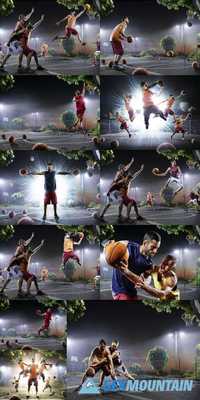 Basketball Players in Action on Court