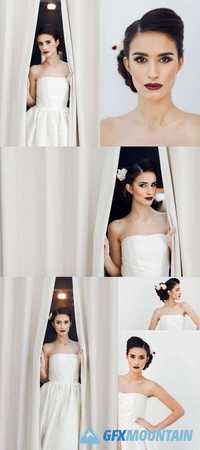 Beautiful Brunette Bride in White Wedding Dress