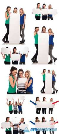 Happy Casual Women Holding Blank Paper
