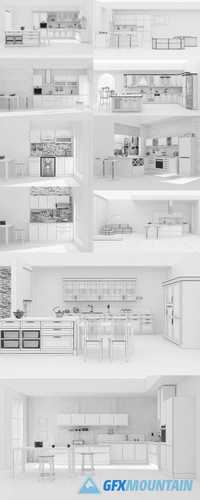 Kitchen Interior Grid 3D Rendering