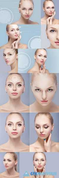 Spa Portrait of Attractive Woman with Arrows on Face - Face Lifting Concept