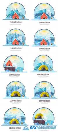 Flat Style Design of Winter Seaside Landscape and Camping Tent