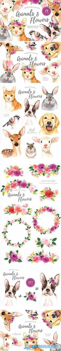 ANIMALS & FLOWERS WATERCOLOR CLIPART - 1624478