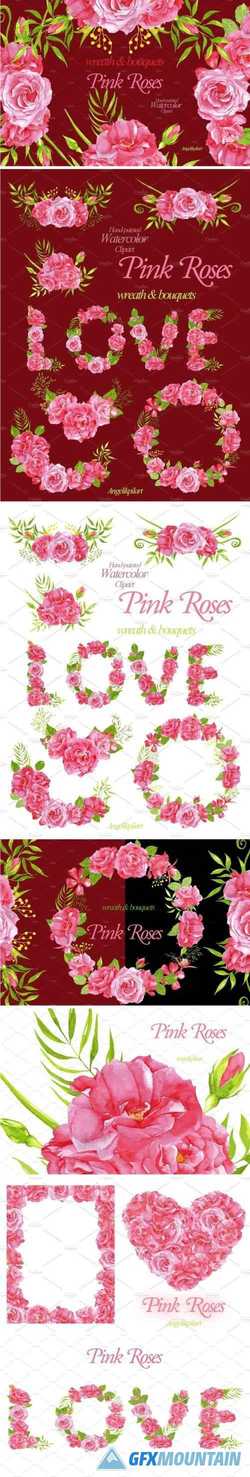WATERCOLOR PINK ROSES WREATH & BOUQUETS - 1600048