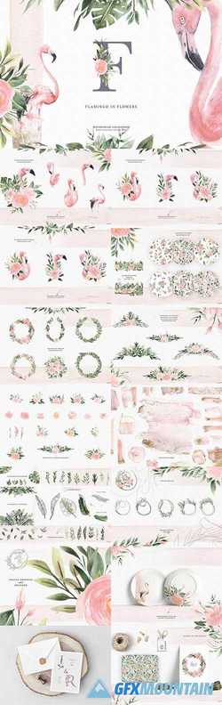 Watercolor Flamingo & Flowers 2511087