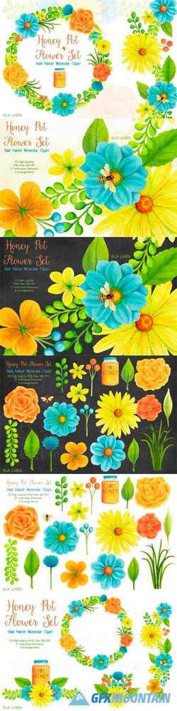 Honey Pot Flowers & Bees Watercolors 1467670