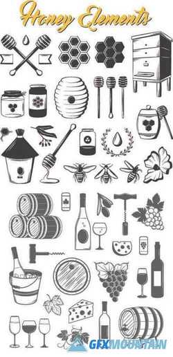 Set of Wine and Honey Vector Elements