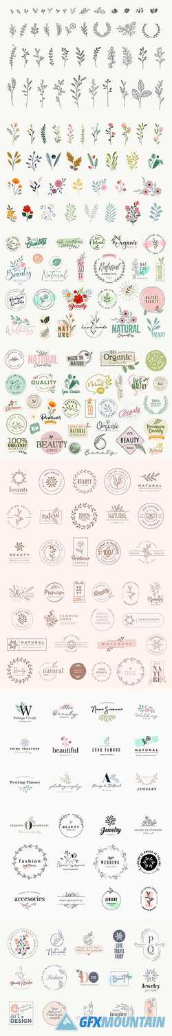Set of elegant labels, badges and floral elements for beauty