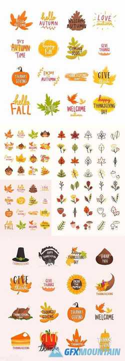 Autumn or Fall Illustrations and Colorful leaves Collection