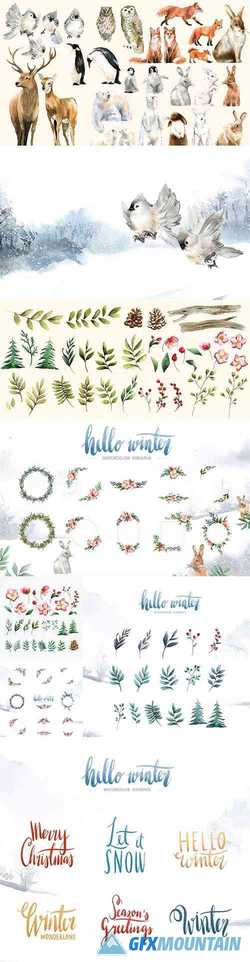 Winter Hand-Drawn Wildlife Watercolor Bloom and Elements Vector Collection