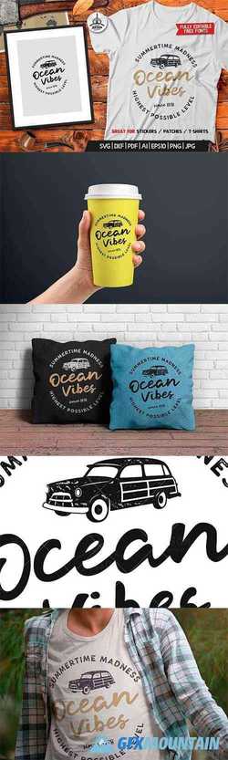 Ocean Vibes, Retro Surfing Print Design, T-Shirt