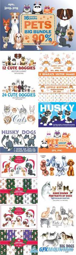 PETS BUNDLE. CLIPARTS AND SEAMLESS PATTERNS - 274314