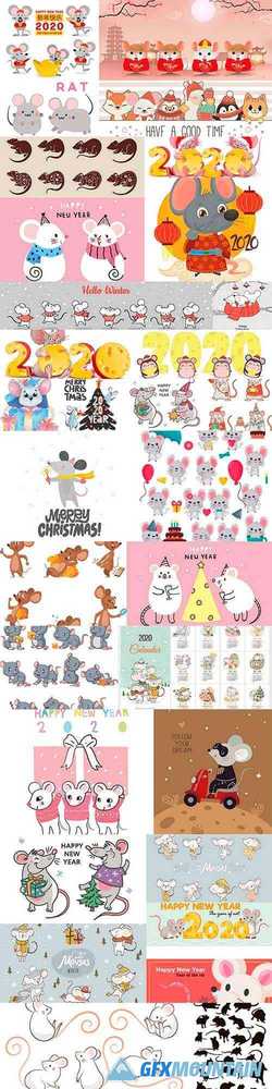Collection of Cartoon Cute New Year Mouses Celebration with Calendar 2020