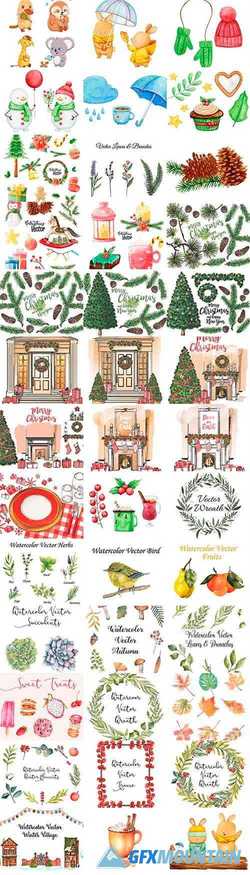 Collection of Christmas Watercolor Painting Elements