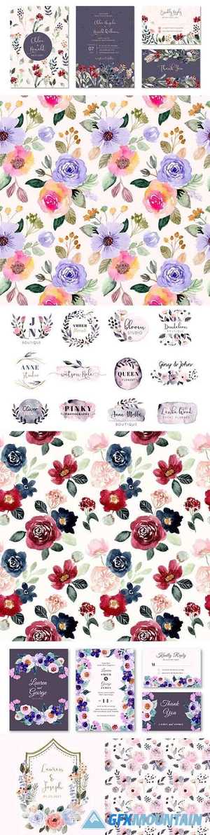 Wedding invitation and floral watercolor pattern