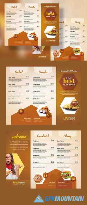 Golden Food Menu Trifold Layout with Hexagon 333558924