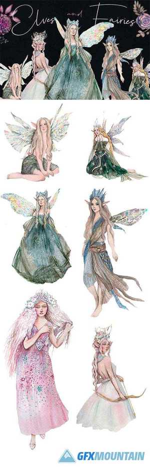 Elves and fairies - watercolor hand-drawn set