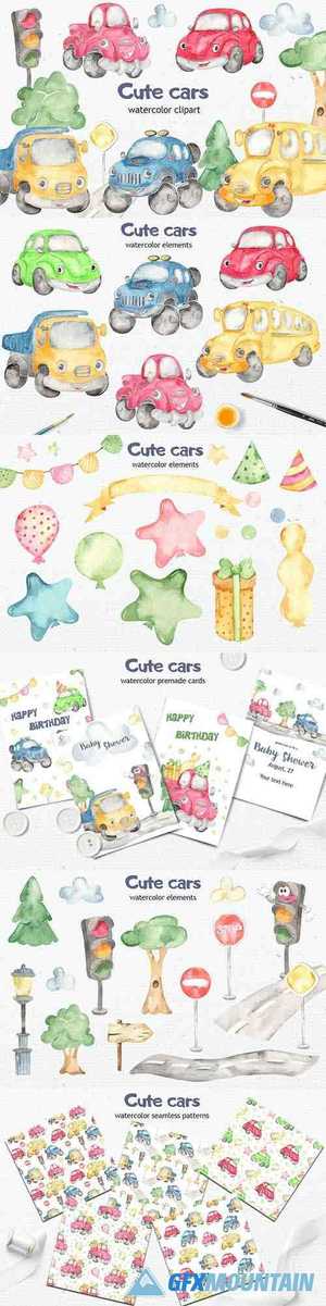 Watercolor cute Cars. Clipart, cards, patterns