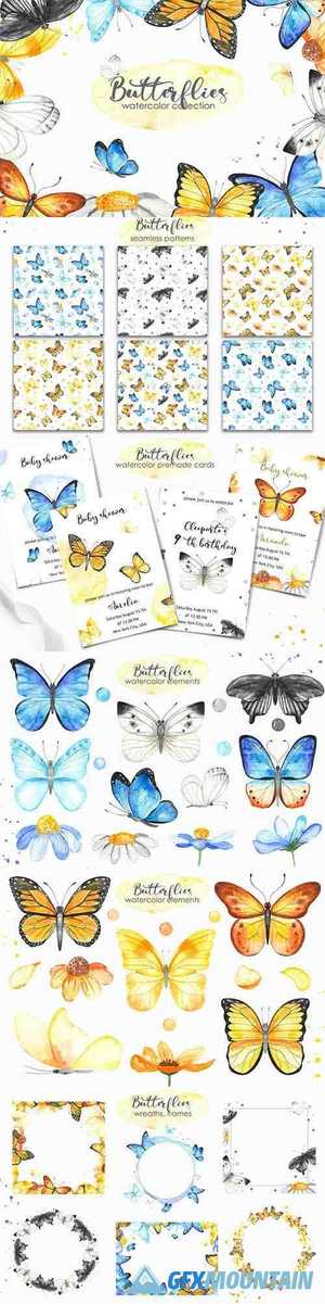 Watercolor Butterflies. Clipart, cards, frames