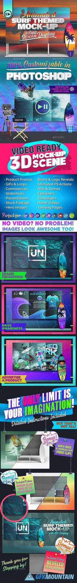  3D Animated Surfboard and HD Display Mock-Up Scene Template 27056336