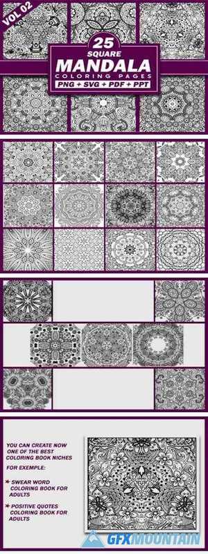 25 Square Mandala Coloring Pages | KDP 5576317