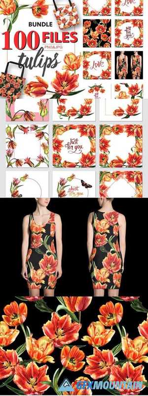 Tulip Red PNG Watercolor Flower Set 4756402